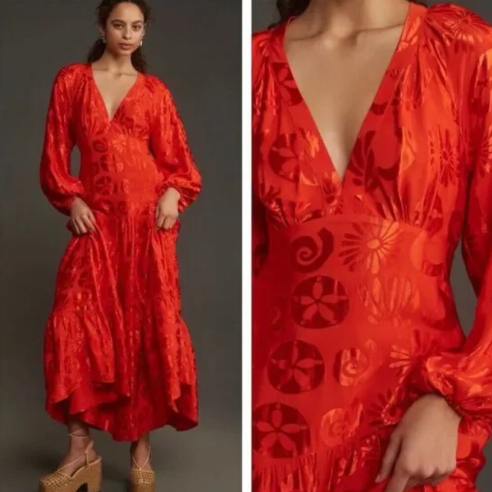 Farm Rio Anthropologie Long Sleeve V Neck Jacquard Maxi Dress Red